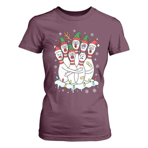 Funny Scared Cartoon Christmas Bowling Pins T Shirt For Women TS11 Maroon Print Your Wear