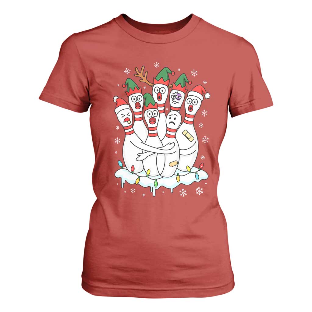 Funny Scared Cartoon Christmas Bowling Pins T Shirt For Women TS11 Red Print Your Wear