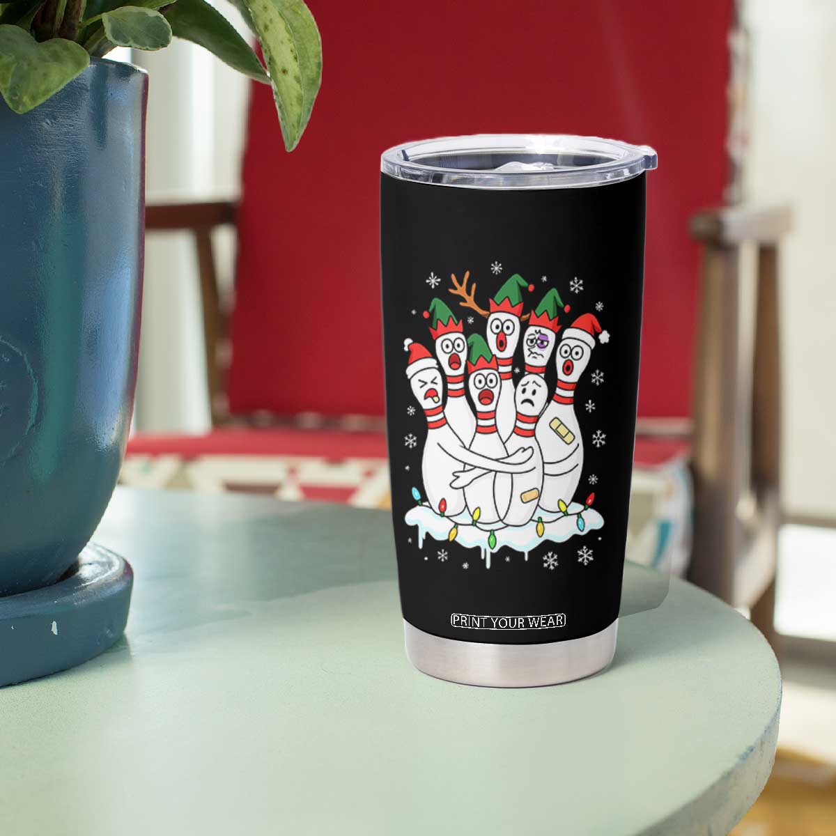 Funny Scared Cartoon Christmas Bowling Pins Tumbler Cup - Print Your Wear