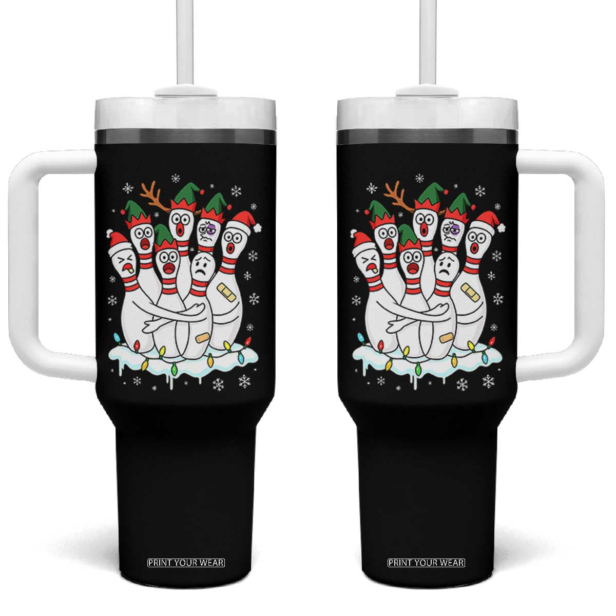 Funny Scared Cartoon Christmas Bowling Pins Tumbler With Handle - Print Your Wear