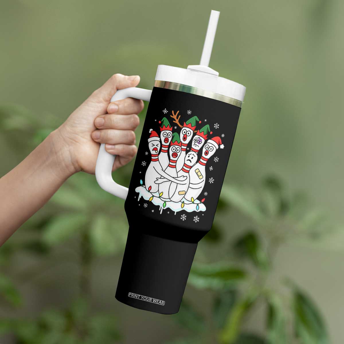 Funny Scared Cartoon Christmas Bowling Pins Tumbler With Handle - Print Your Wear
