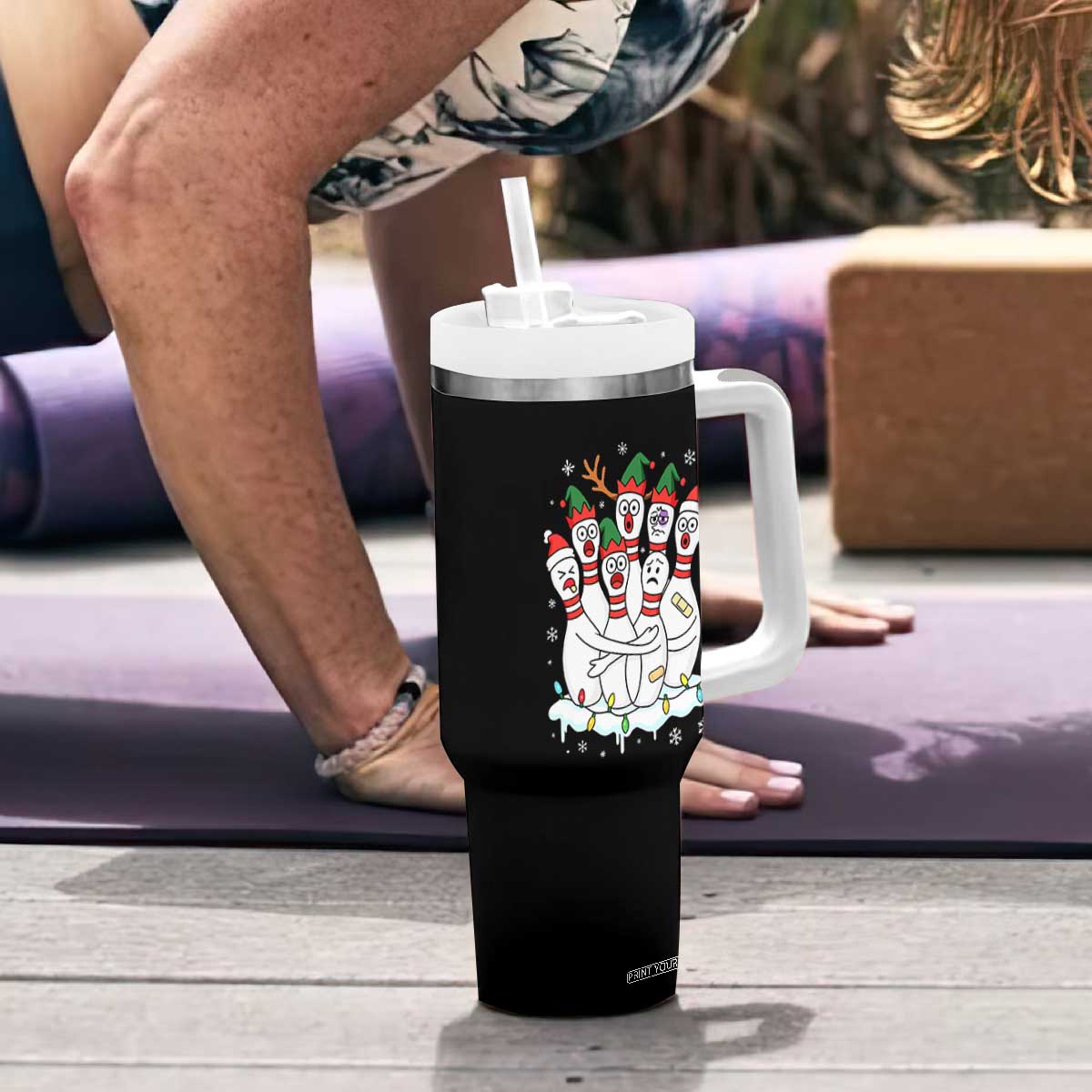 Funny Scared Cartoon Christmas Bowling Pins Tumbler With Handle - Print Your Wear