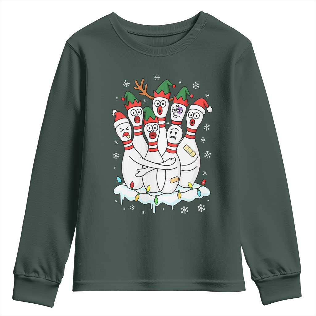 Funny Scared Cartoon Christmas Bowling Pins Youth Sweatshirt TS11 Dark Forest Green Print Your Wear