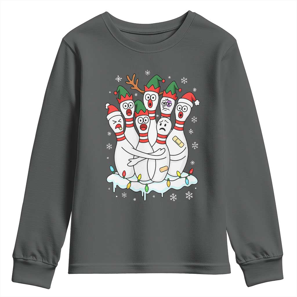 Funny Scared Cartoon Christmas Bowling Pins Youth Sweatshirt TS11 Dark Heather Print Your Wear
