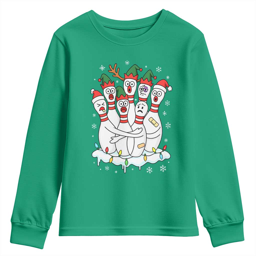 Funny Scared Cartoon Christmas Bowling Pins Youth Sweatshirt TS11 Irish Green Print Your Wear
