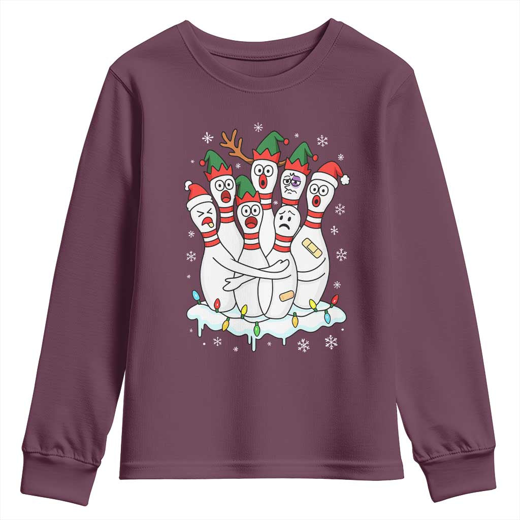 Funny Scared Cartoon Christmas Bowling Pins Youth Sweatshirt TS11 Maroon Print Your Wear