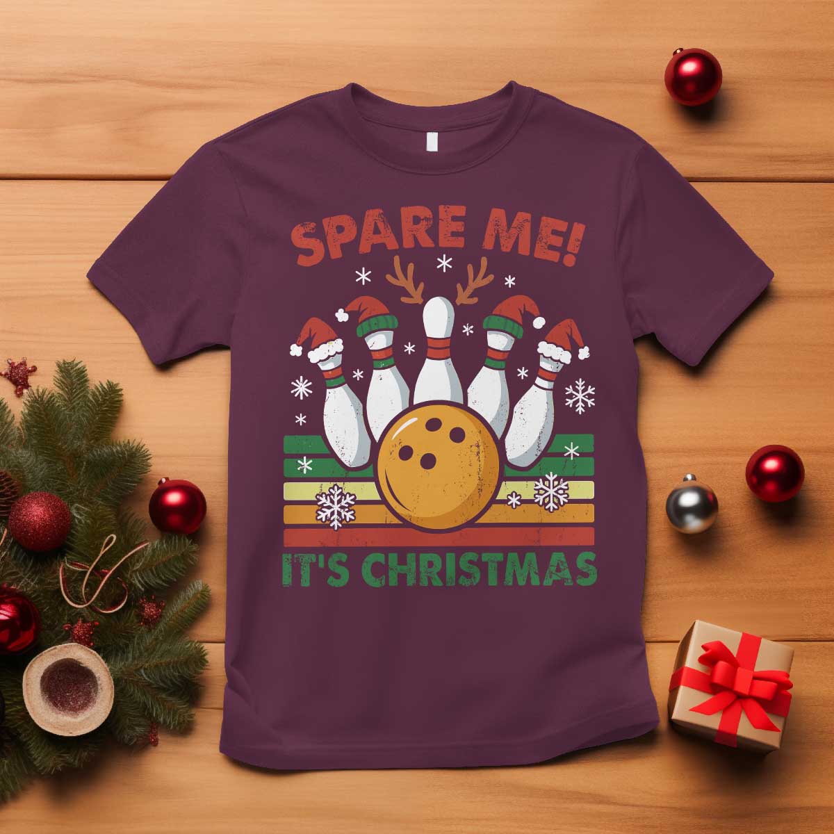 Funny Christmas Bowling T Shirt Spare Me Its Xmas Festive Holiday TS11 Maroon Print Your Wear