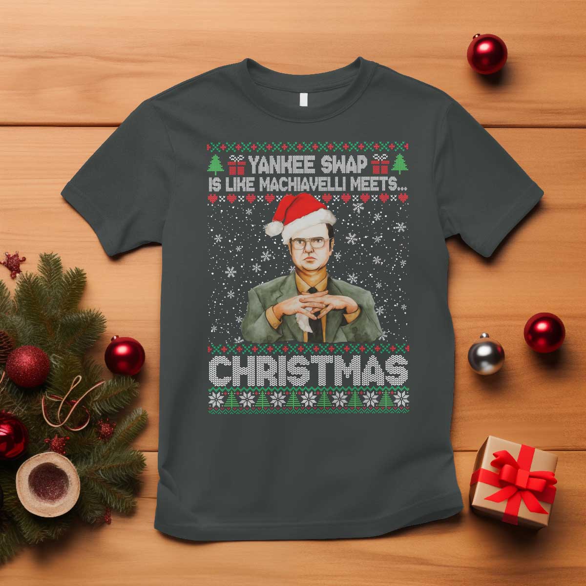 Funny Christmas The Office Movie T Shirt Yankee Swap Is Like Machiavelli Meets Christmas TS11 Dark Heather Print Your Wear