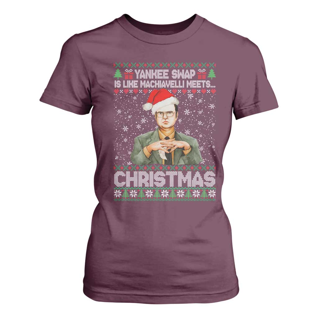 Funny Christmas Office Movie T Shirt For Women Yankee Swap Is Like Machiavelli Meets Christmas TS11 Maroon Print Your Wear