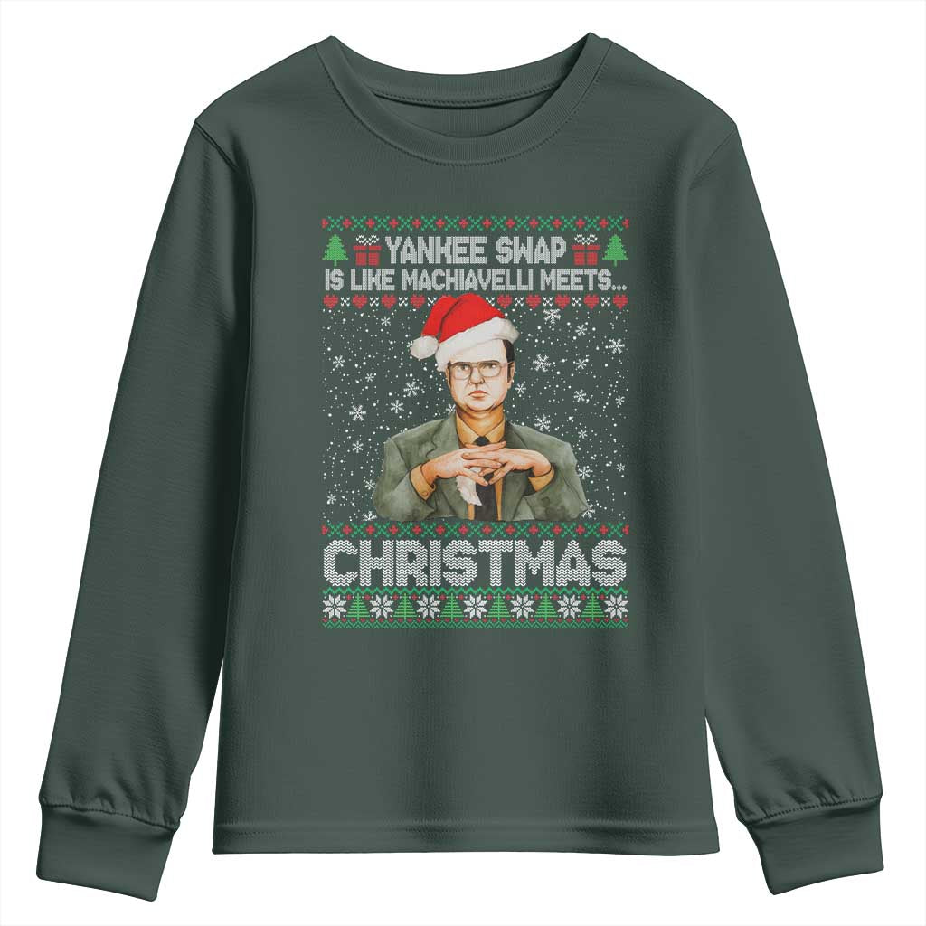Funny Christmas Office Movie Youth Sweatshirt Yankee Swap Is Like Machiavelli Meets Christmas TS11 Dark Forest Green Print Your Wear
