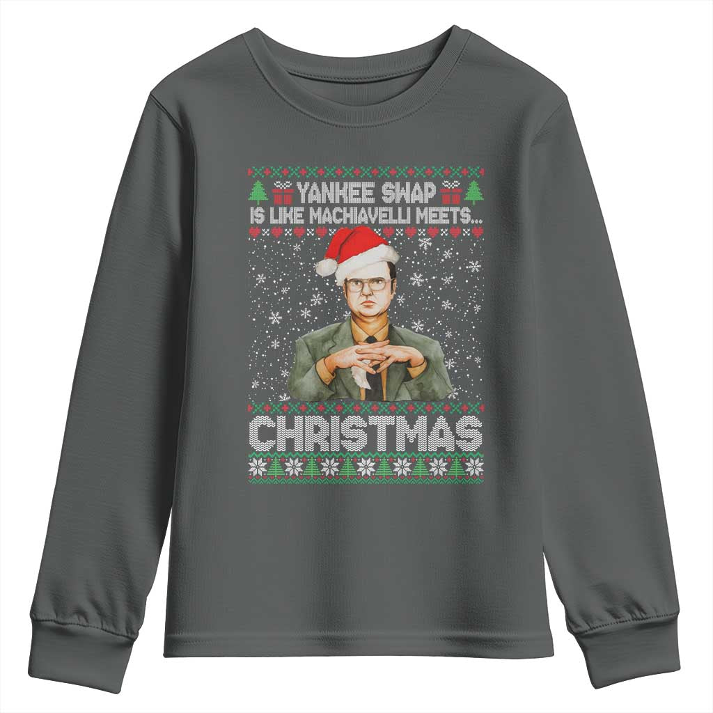 Funny Christmas Office Movie Youth Sweatshirt Yankee Swap Is Like Machiavelli Meets Christmas TS11 Dark Heather Print Your Wear