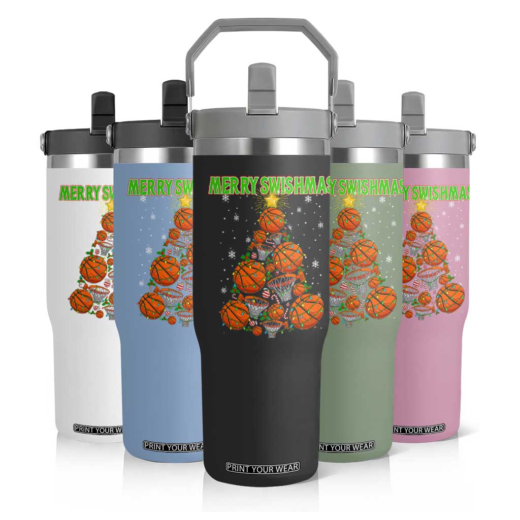Christmas Basketball Merry Swishmas Flip Straw Tumbler Basketball Xmas Tree TS11 Print Your Wear
