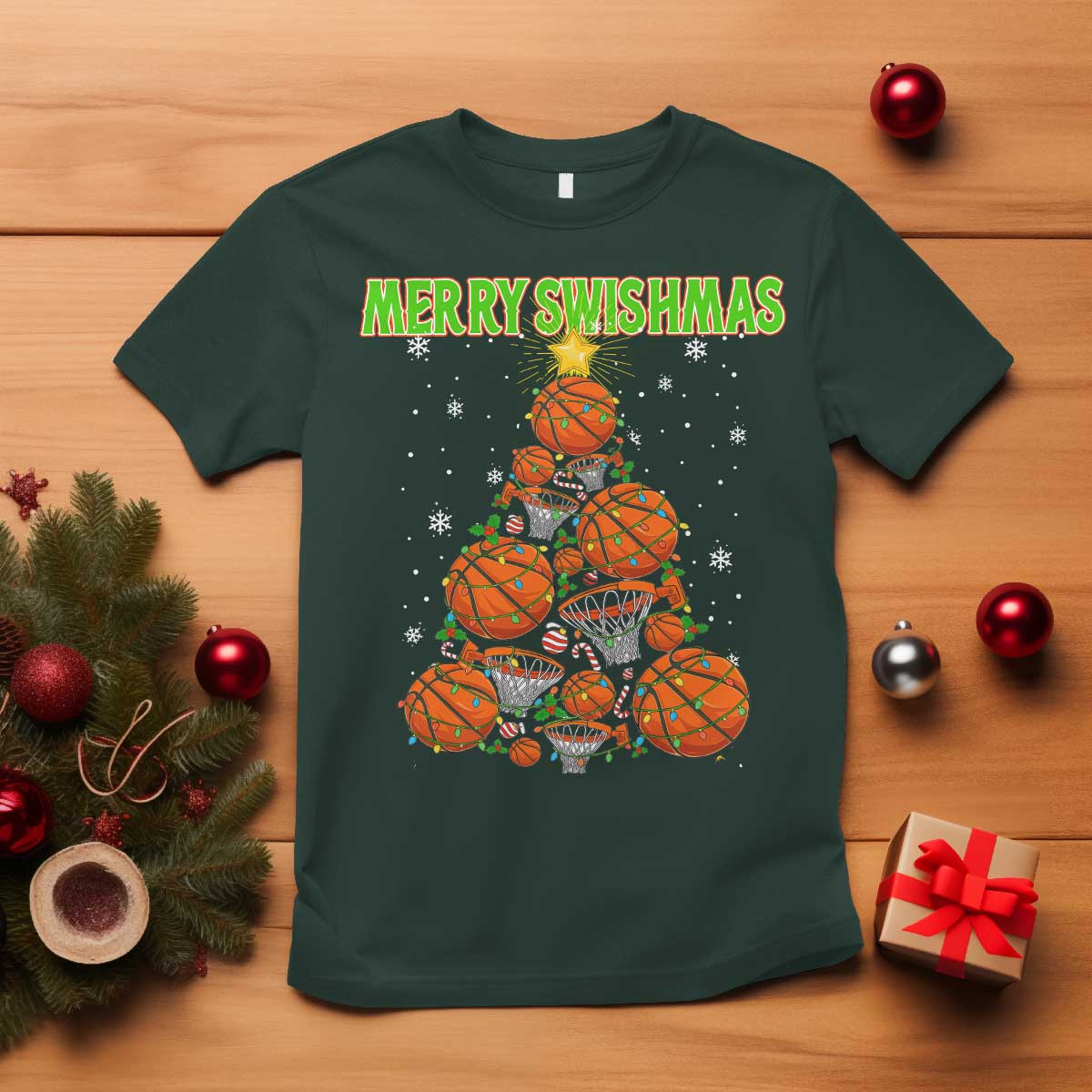 Christmas Basketball Merry Swishmas T Shirt Basketball Xmas Tree TS11 Dark Forest Green Print Your Wear