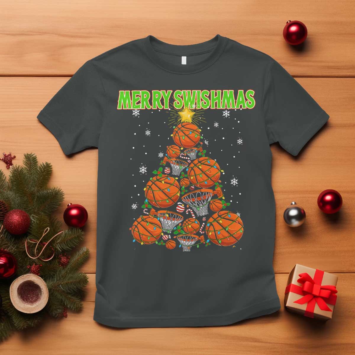 Christmas Basketball Merry Swishmas T Shirt Basketball Xmas Tree TS11 Dark Heather Print Your Wear
