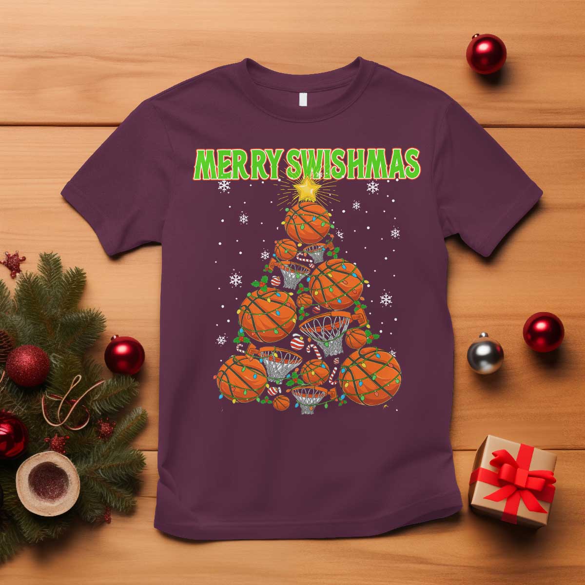 Christmas Basketball Merry Swishmas T Shirt Basketball Xmas Tree TS11 Maroon Print Your Wear