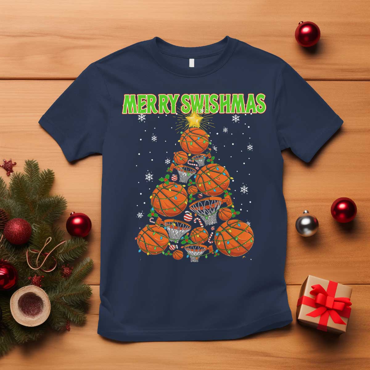 Christmas Basketball Merry Swishmas T Shirt Basketball Xmas Tree TS11 Navy Print Your Wear