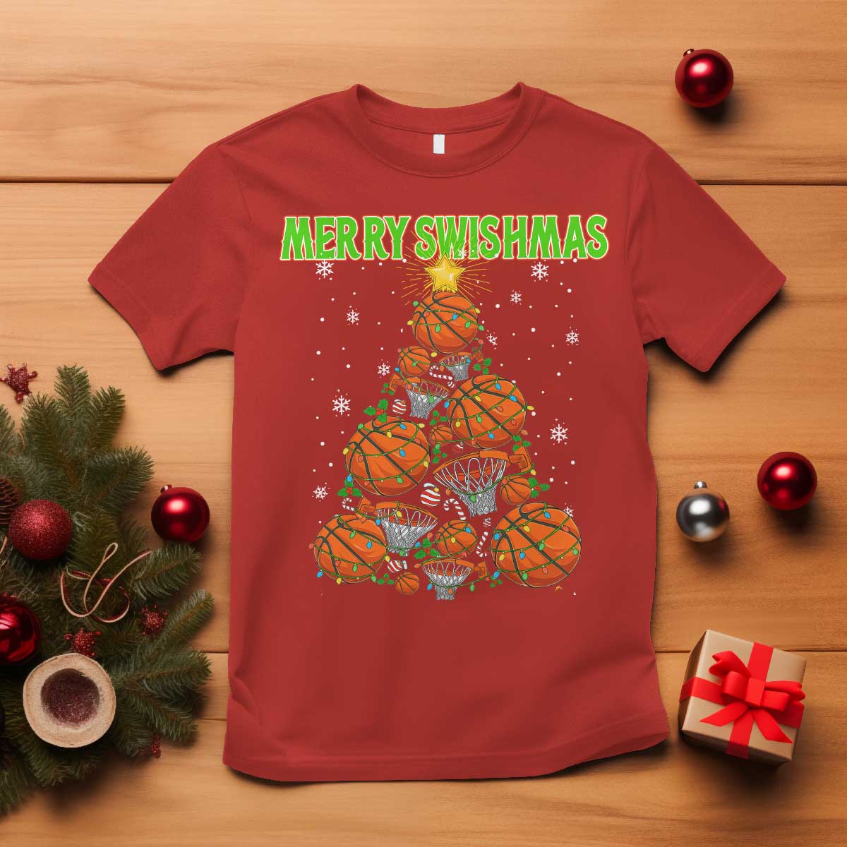 Christmas Basketball Merry Swishmas T Shirt Basketball Xmas Tree TS11 Red Print Your Wear