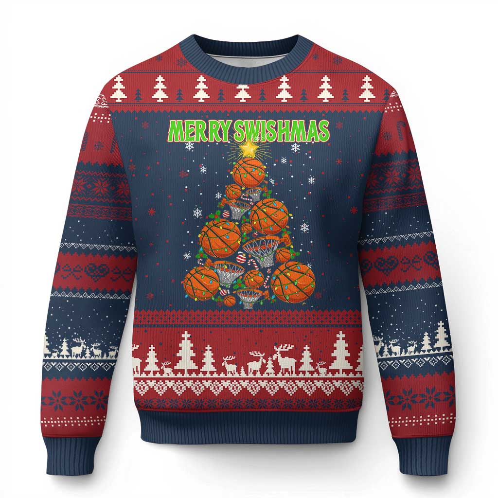 Christmas Basketball Merry Swishmas Ugly Christmas Sweater Basketball Xmas Tree TS11 Navy Red Print Your Wear