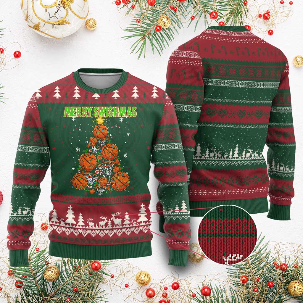 Christmas Basketball Merry Swishmas Ugly Christmas Sweater Basketball Xmas Tree TS11 Red Green Print Your Wear