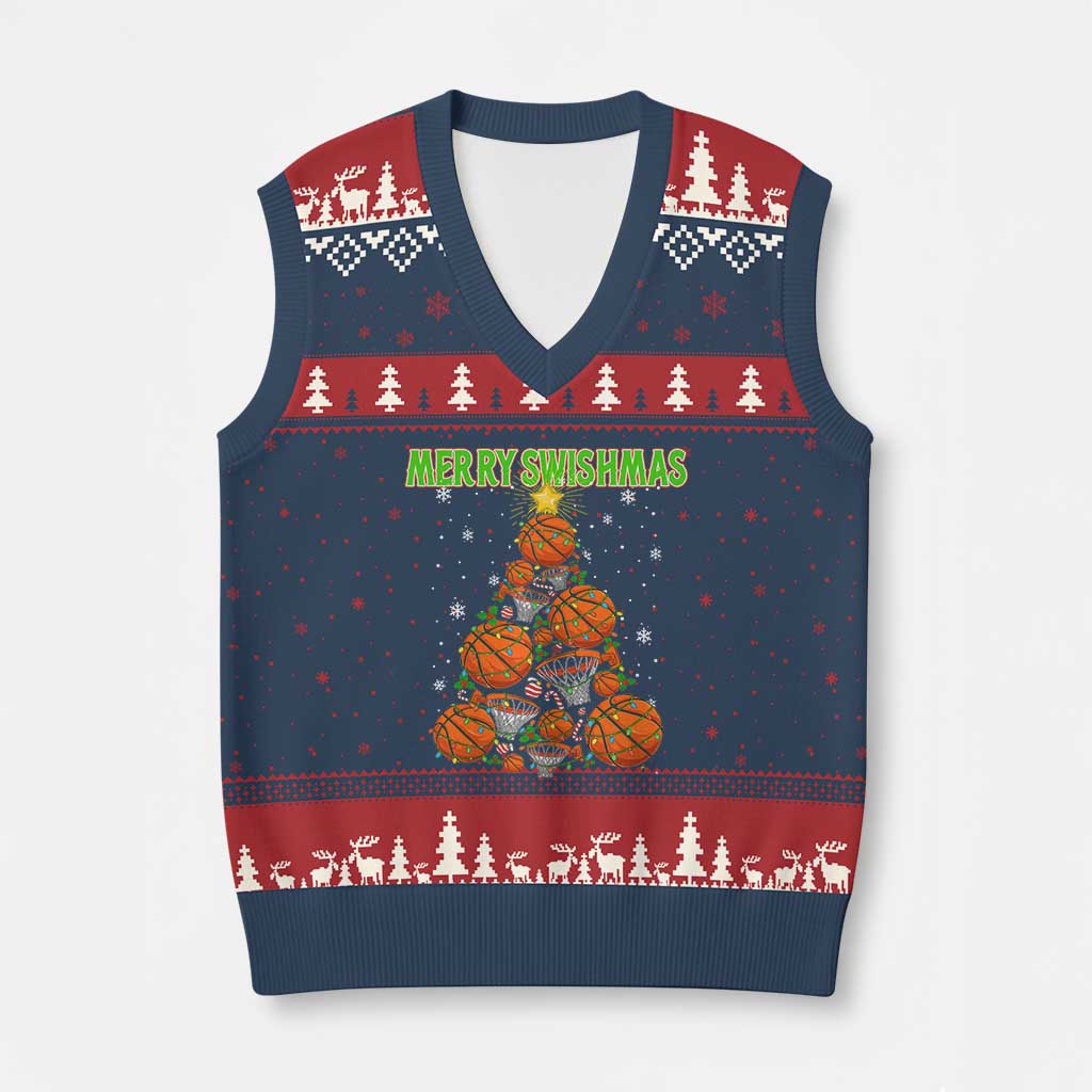 Christmas Basketball Merry Swishmas V-Neck Knit Sweater Vest Basketball Xmas Tree TS11 Navy Red Print Your Wear