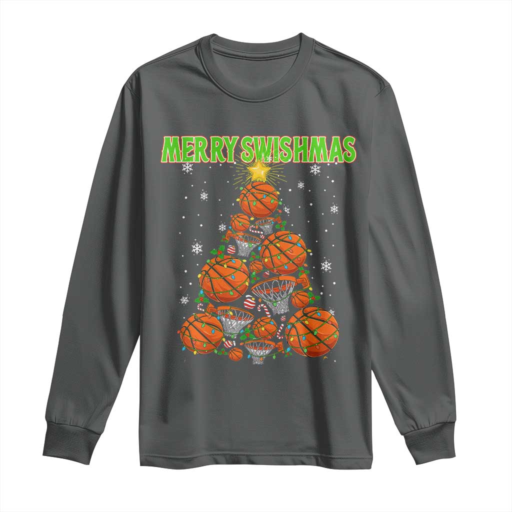 Christmas Basketball Merry Swishmas Long Sleeve Shirt Basketball Xmas Tree TS11 Dark Heather Print Your Wear