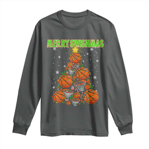 Christmas Basketball Merry Swishmas Long Sleeve Shirt Basketball Xmas Tree TS11 Dark Heather Print Your Wear