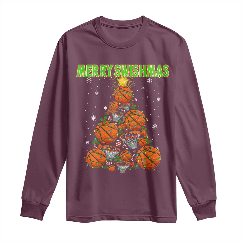 Christmas Basketball Merry Swishmas Long Sleeve Shirt Basketball Xmas Tree TS11 Maroon Print Your Wear