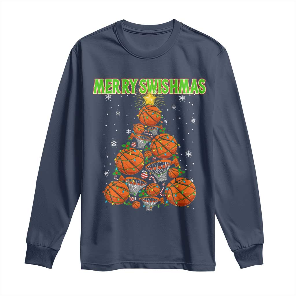 Christmas Basketball Merry Swishmas Long Sleeve Shirt Basketball Xmas Tree TS11 Navy Print Your Wear