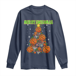 Christmas Basketball Merry Swishmas Long Sleeve Shirt Basketball Xmas Tree TS11 Navy Print Your Wear