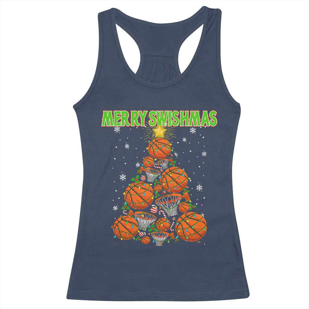 Christmas Basketball Merry Swishmas Racerback Tank Top Basketball Xmas Tree TS11 Navy Print Your Wear