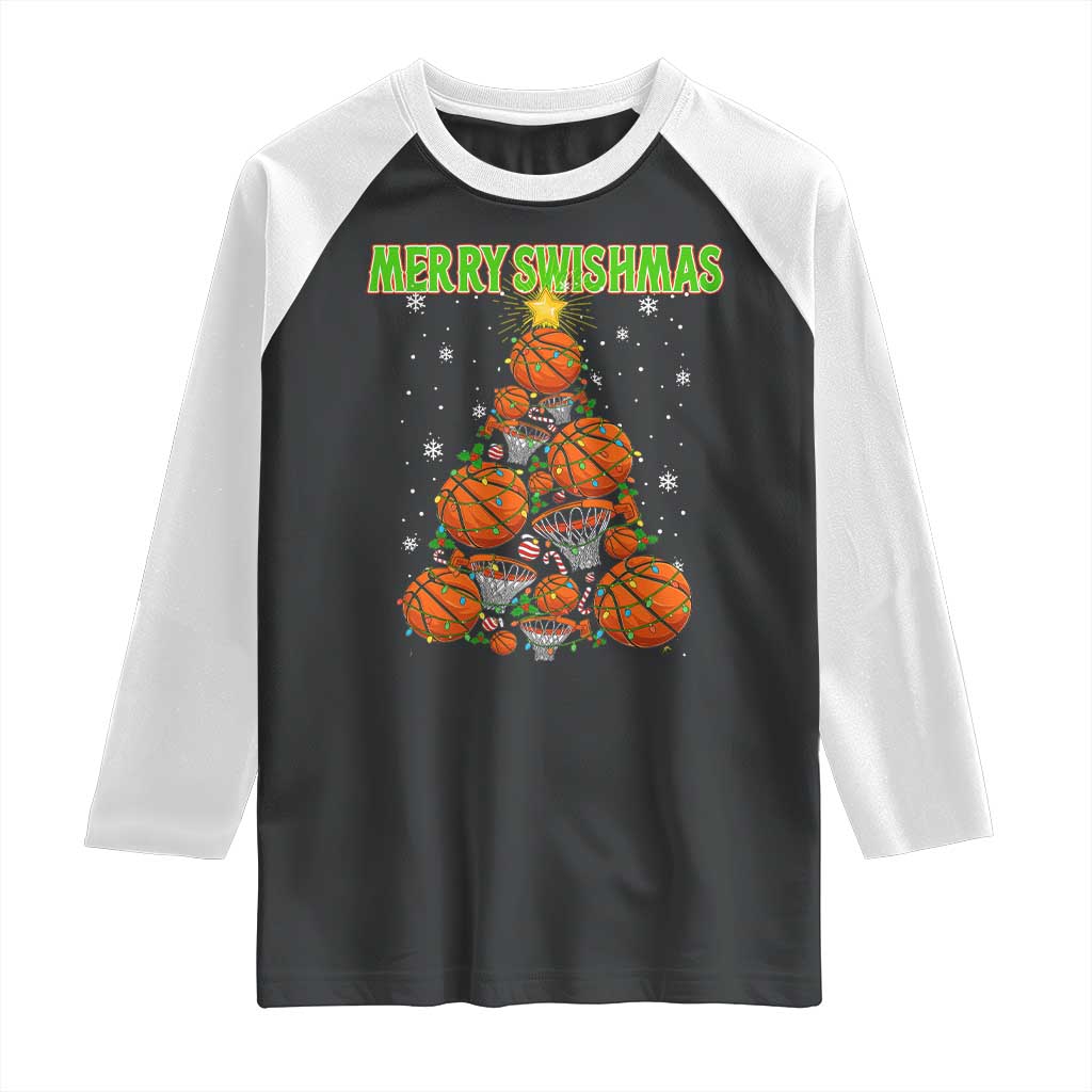 Christmas Basketball Merry Swishmas Raglan Shirt Basketball Xmas Tree TS11 Black White Print Your Wear