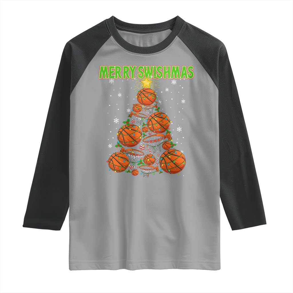 Christmas Basketball Merry Swishmas Raglan Shirt Basketball Xmas Tree TS11 Sport Gray Black Print Your Wear