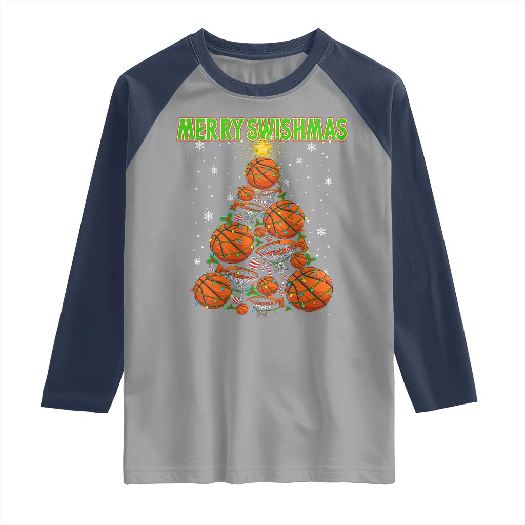 Christmas Basketball Merry Swishmas Raglan Shirt Basketball Xmas Tree TS11 Sport Gray Navy Print Your Wear