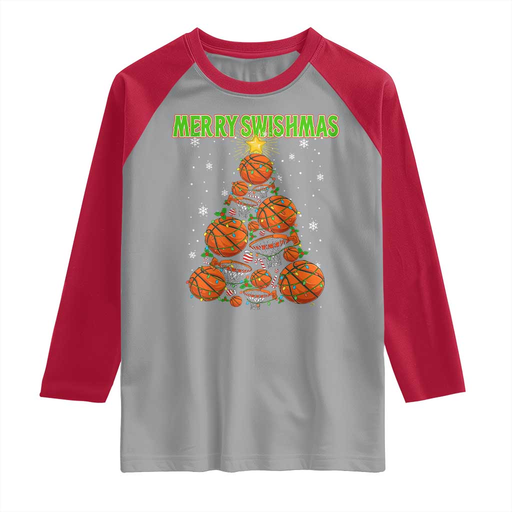 Christmas Basketball Merry Swishmas Raglan Shirt Basketball Xmas Tree TS11 Sport Gray Red Print Your Wear
