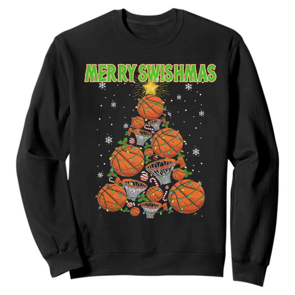 Christmas Basketball Merry Swishmas Sweatshirt Basketball Xmas Tree TS11 Black Print Your Wear