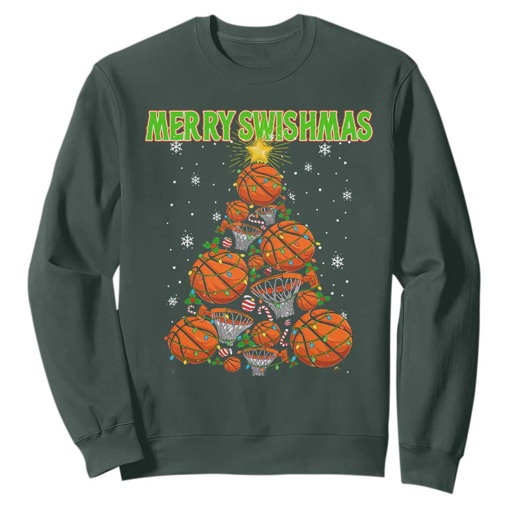 Christmas Basketball Merry Swishmas Sweatshirt Basketball Xmas Tree TS11 Dark Forest Green Print Your Wear