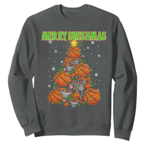 Christmas Basketball Merry Swishmas Sweatshirt Basketball Xmas Tree TS11 Dark Heather Print Your Wear
