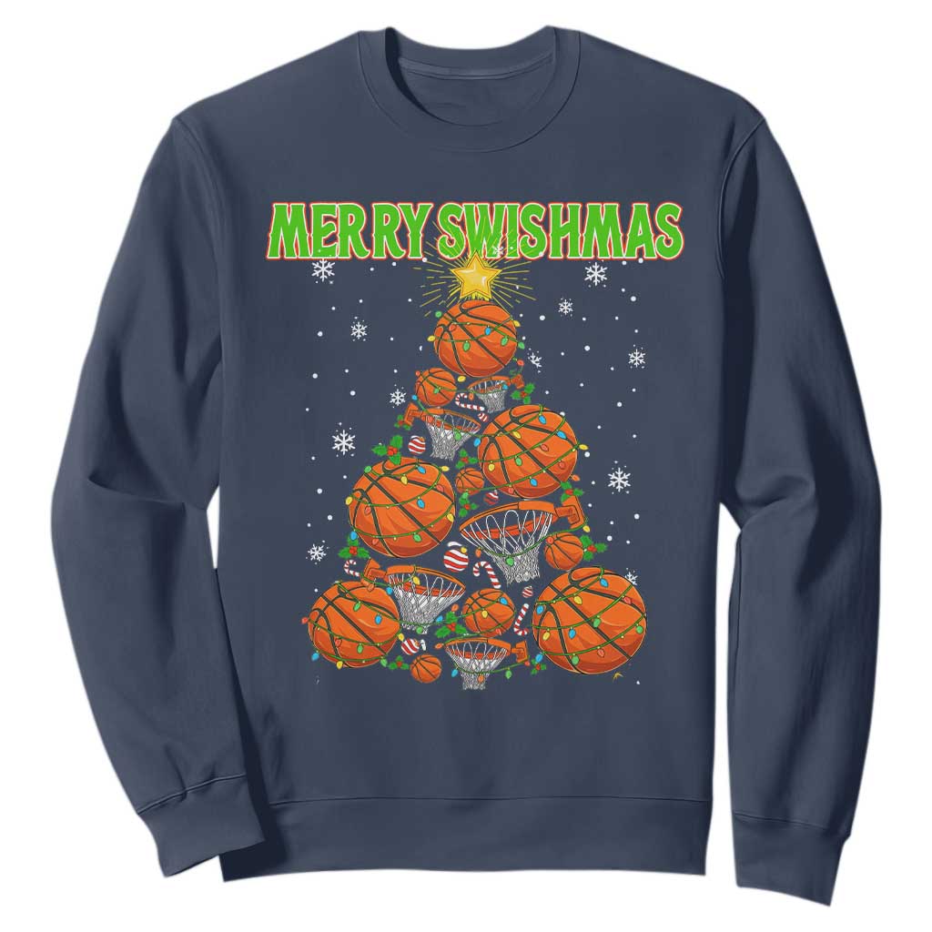 Christmas Basketball Merry Swishmas Sweatshirt Basketball Xmas Tree TS11 Navy Print Your Wear