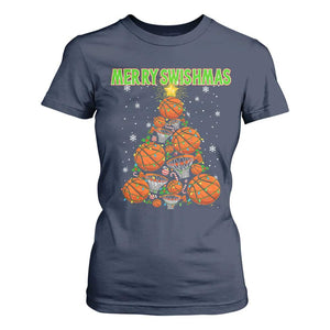 Christmas Basketball Merry Swishmas T Shirt For Women Basketball Xmas Tree TS11 Navy Print Your Wear