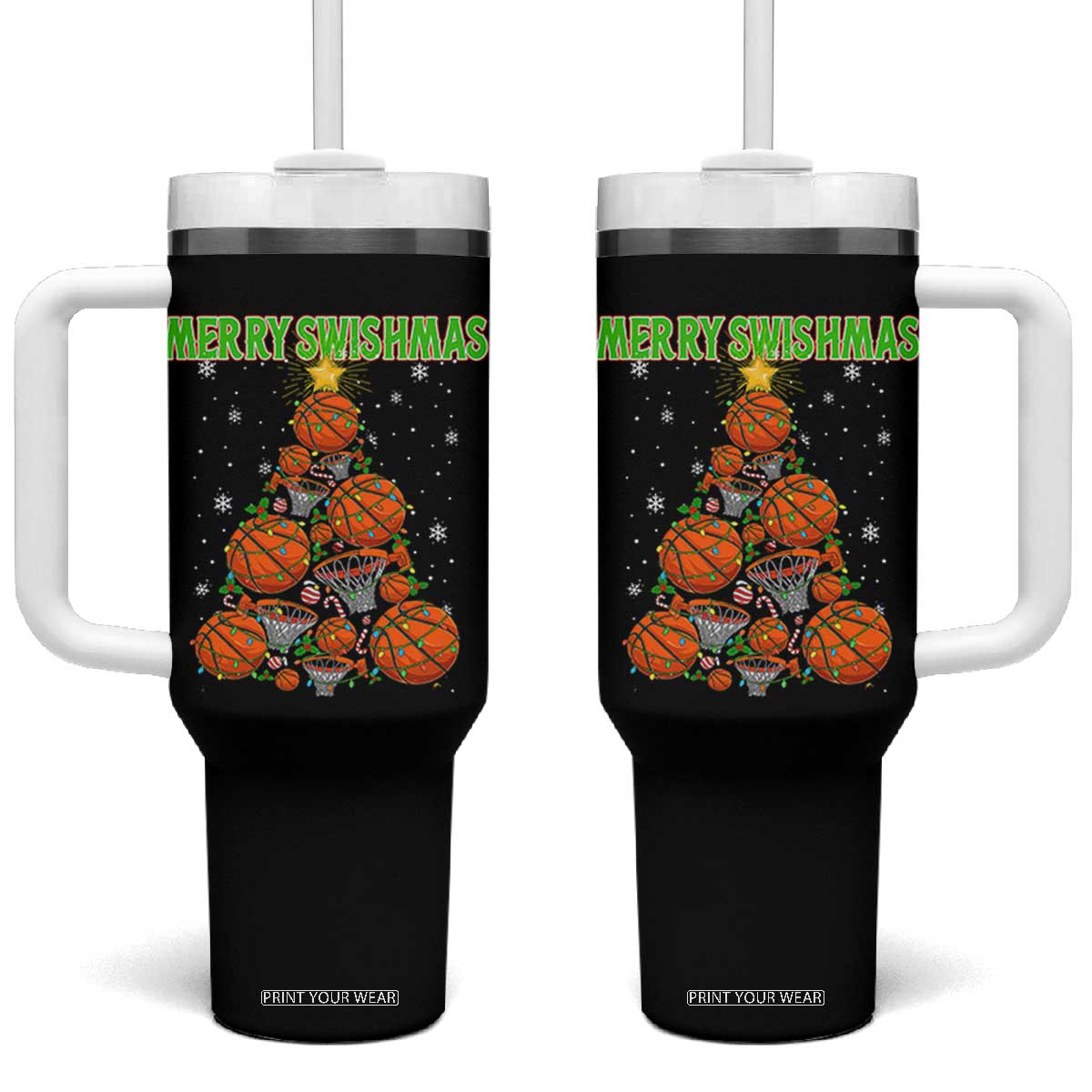 Christmas Basketball Merry Swishmas Tumbler With Handle Basketball Xmas Tree TS11 One Size: 40 oz Black Print Your Wear