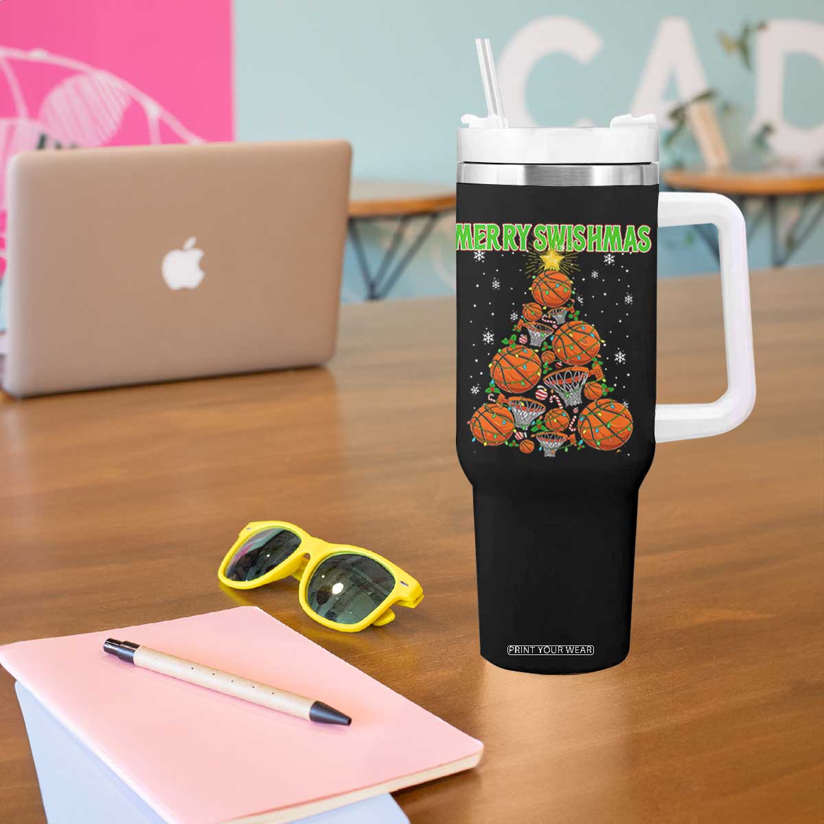 Christmas Basketball Merry Swishmas Tumbler With Handle Basketball Xmas Tree TS11 Print Your Wear