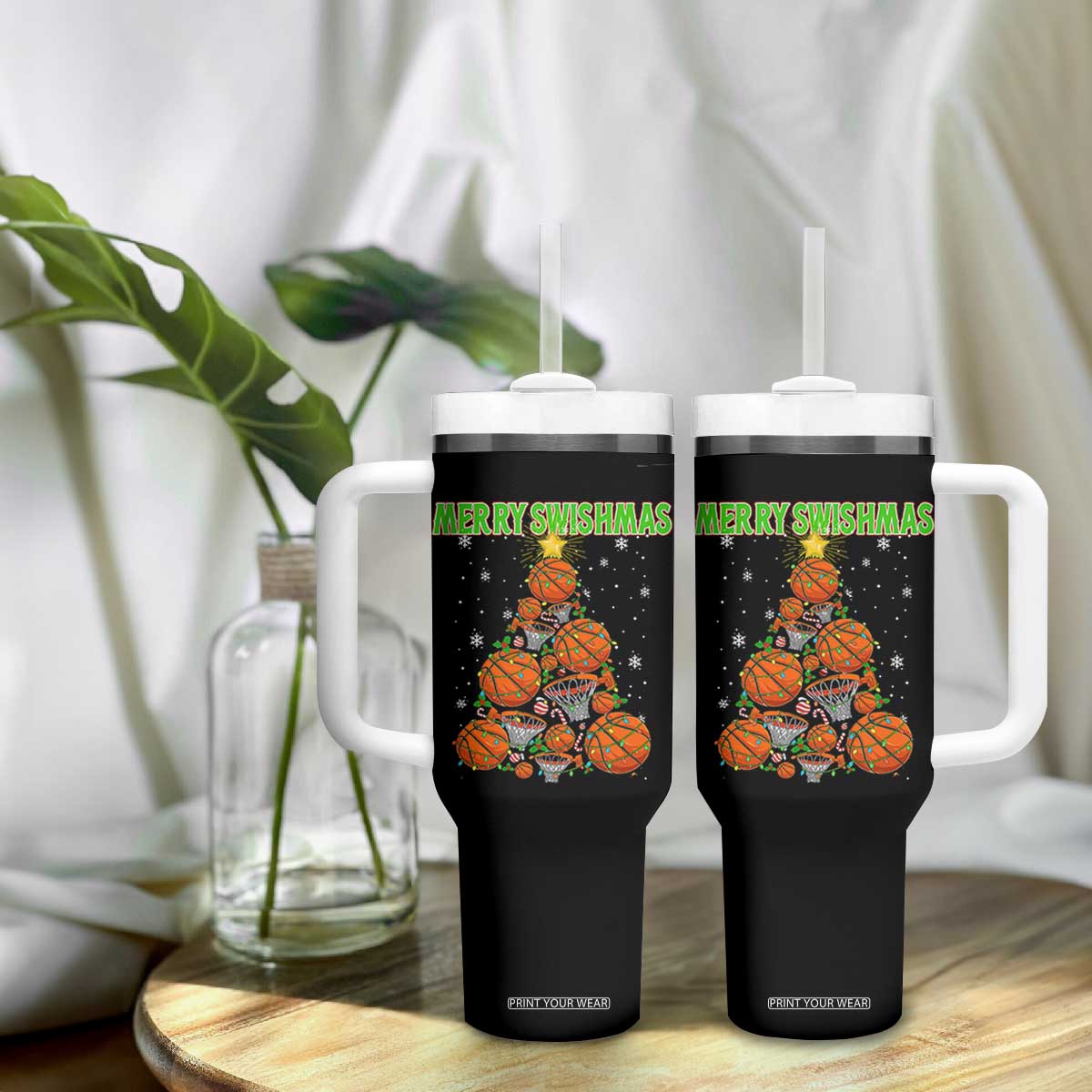 Christmas Basketball Merry Swishmas Tumbler With Handle Basketball Xmas Tree TS11 Print Your Wear