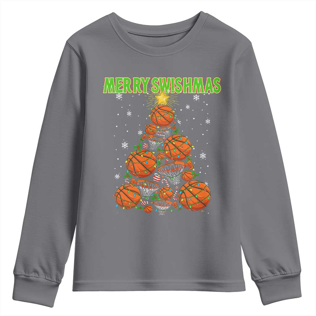 Christmas Basketball Merry Swishmas Youth Sweatshirt Basketball Xmas Tree TS11 Charcoal Print Your Wear