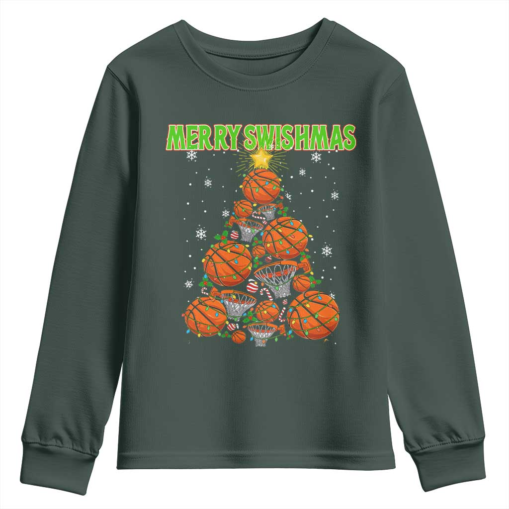 Christmas Basketball Merry Swishmas Youth Sweatshirt Basketball Xmas Tree TS11 Dark Forest Green Print Your Wear