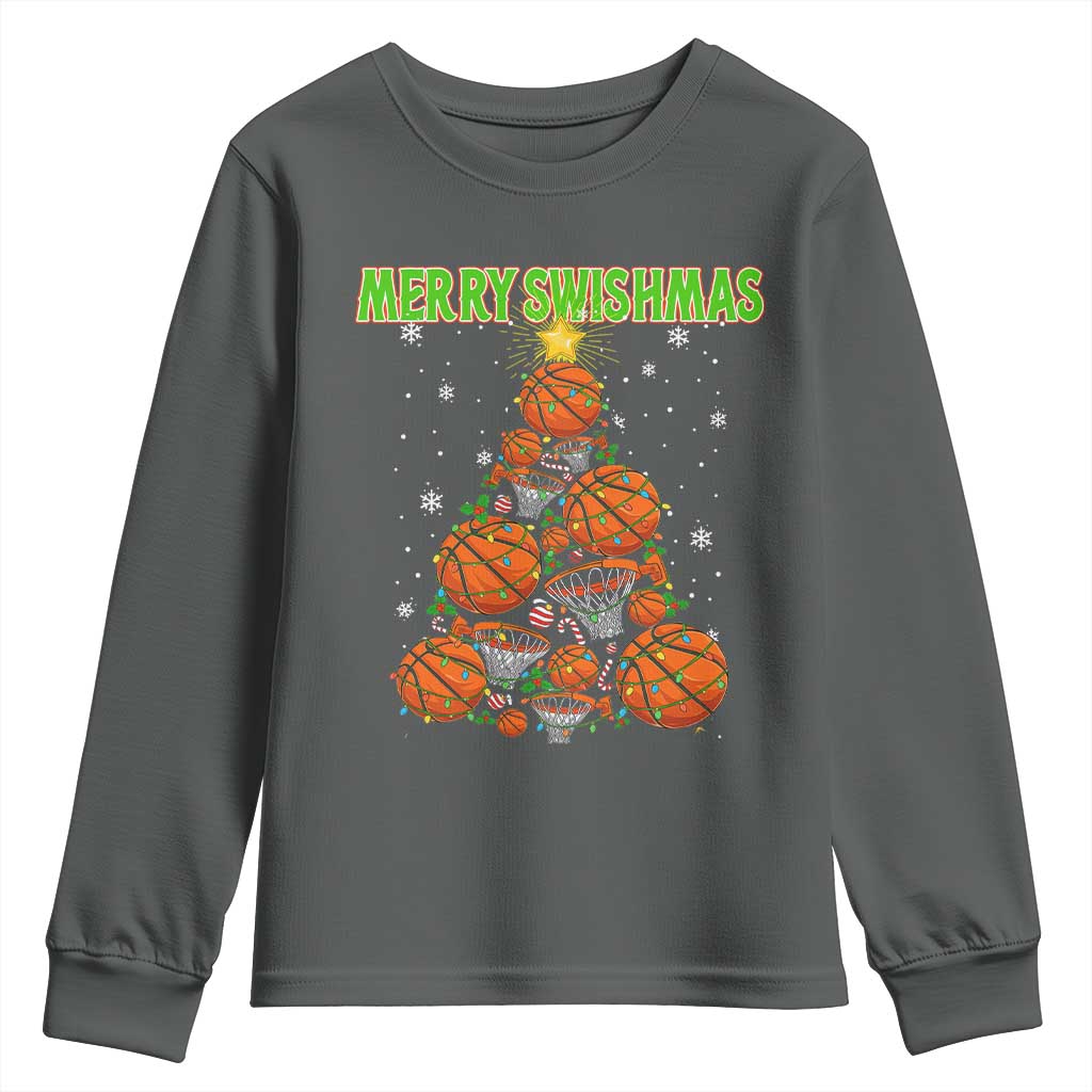 Christmas Basketball Merry Swishmas Youth Sweatshirt Basketball Xmas Tree TS11 Dark Heather Print Your Wear