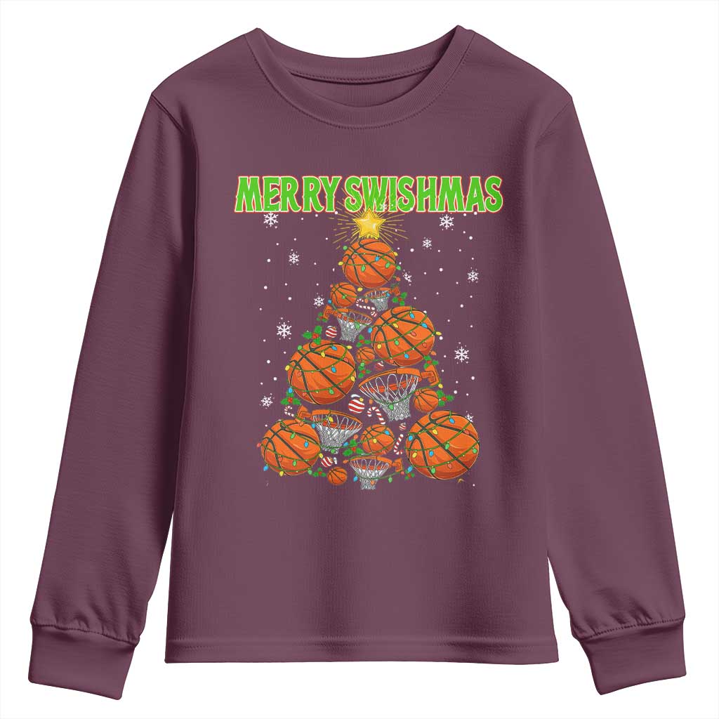 Christmas Basketball Merry Swishmas Youth Sweatshirt Basketball Xmas Tree TS11 Maroon Print Your Wear