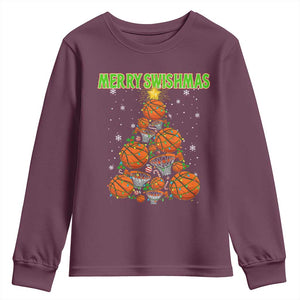 Christmas Basketball Merry Swishmas Youth Sweatshirt Basketball Xmas Tree TS11 Maroon Print Your Wear