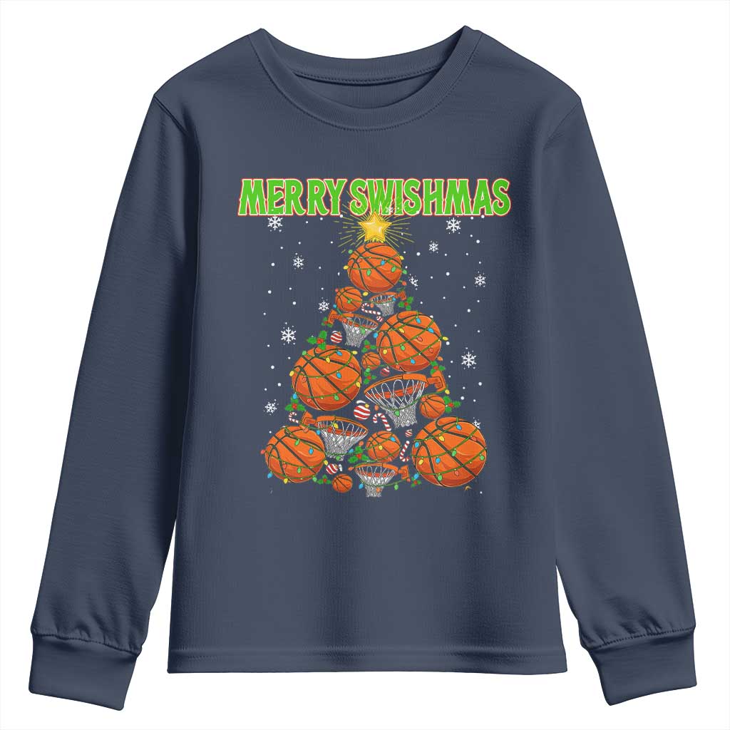 Christmas Basketball Merry Swishmas Youth Sweatshirt Basketball Xmas Tree TS11 Navy Print Your Wear
