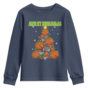 Christmas Basketball Merry Swishmas Youth Sweatshirt Basketball Xmas Tree TS11 Navy Print Your Wear