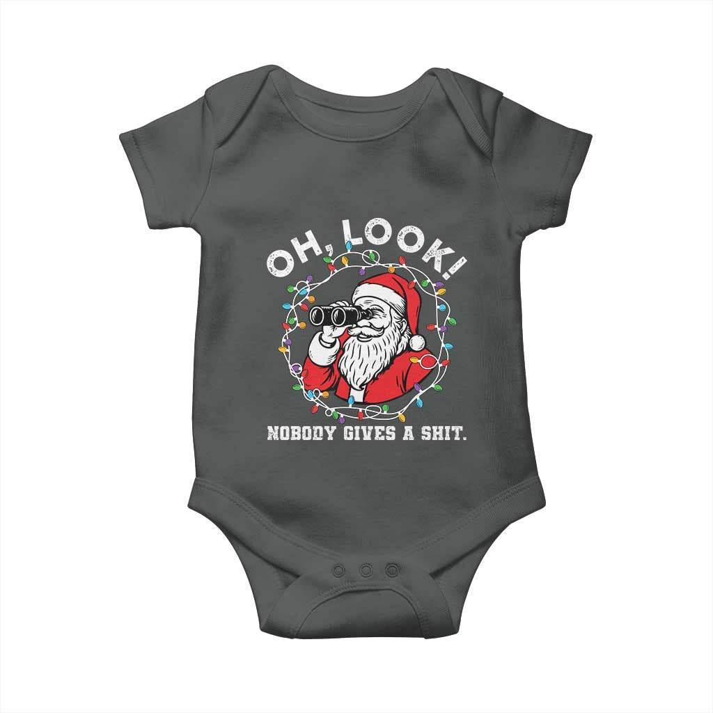 Funny Christmas Santa Oh Look Nobody Gives A Shit Baby Onesie TS11 Dark Heather Print Your Wear